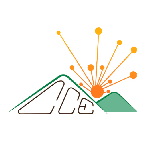 Stylized logo with two mountain shapes in green and brown and an orange sunburst with rays and circles above the smaller peak.