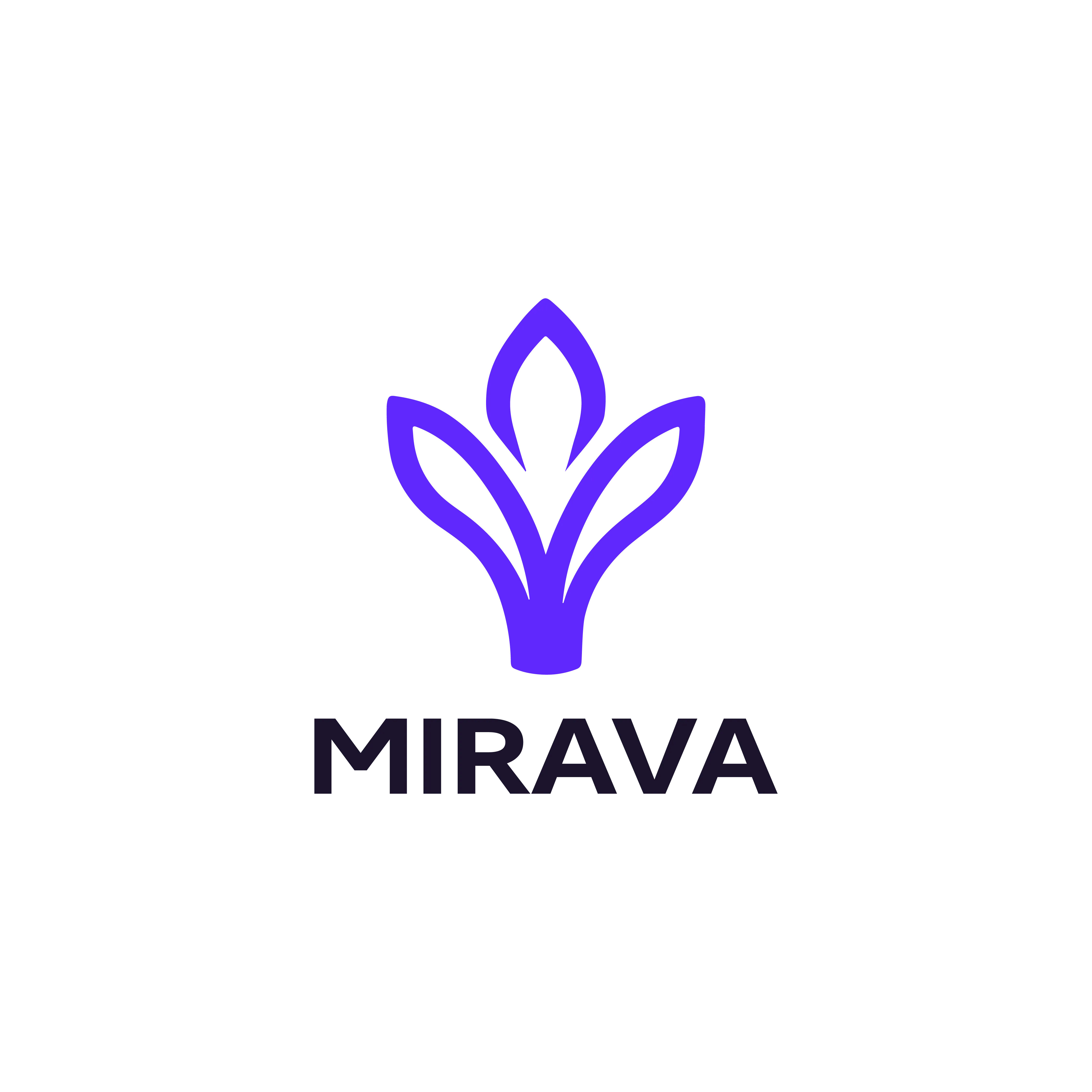 Mirava logo featuring a stylized purple blossom icon above the brand name in bold black letters.
