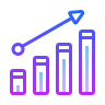 Purple and blue bar chart with an upward arrow indicating growth or progress.