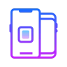 Icon showing two overlapping smartphones with a gradient blue to purple outline.