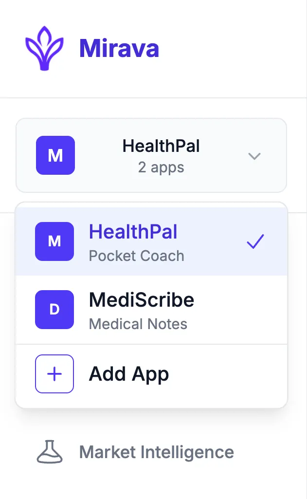 Mirava app interface showing selected HealthPal app with Pocket Coach and other options including MediScribe Medical Notes and Add App button.