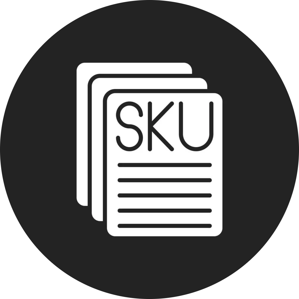 Icon of stacked documents with 'SKU' written on the front page.