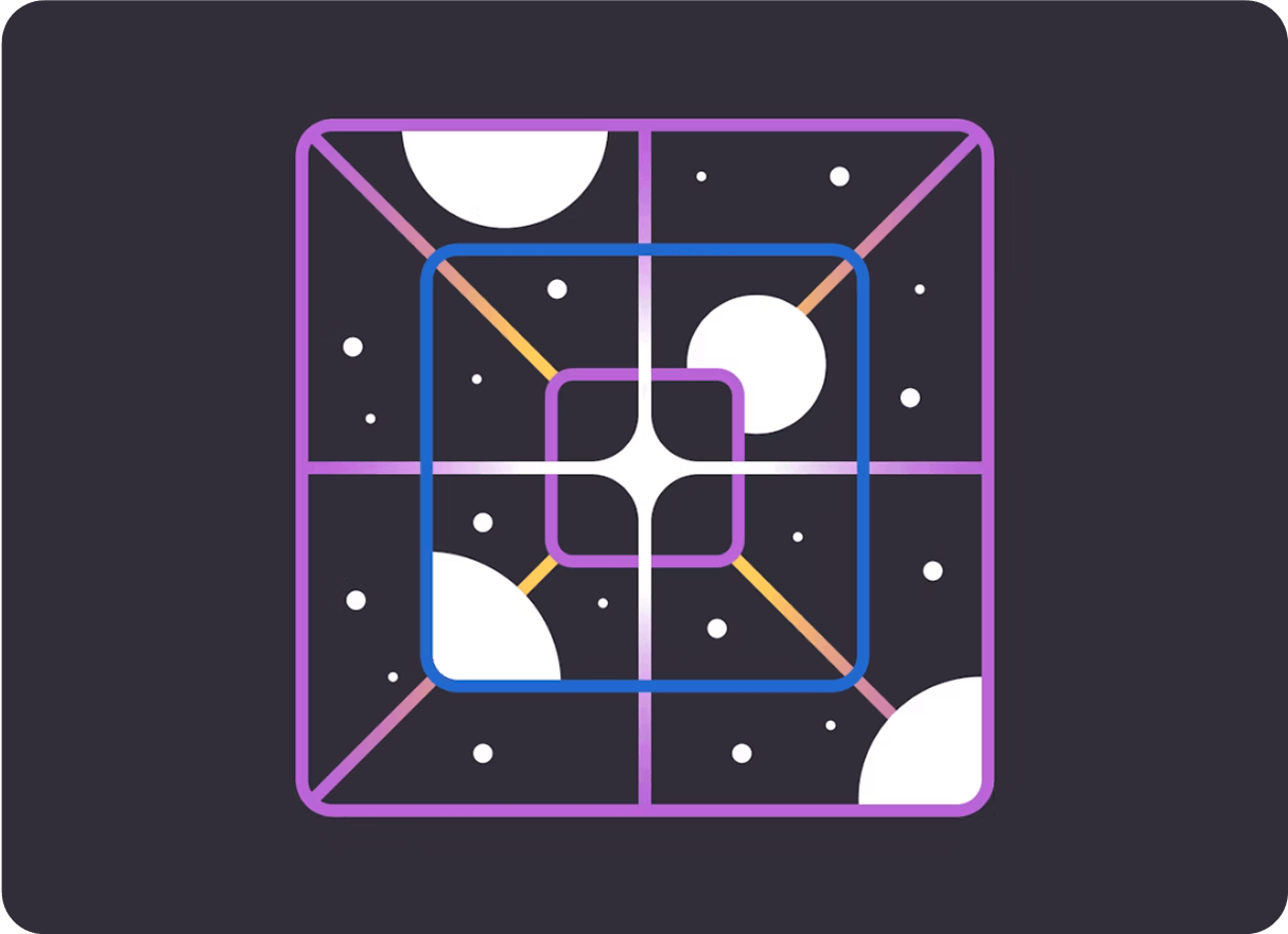 A layered image showing 3 windows looking at stars and planet-like shapes