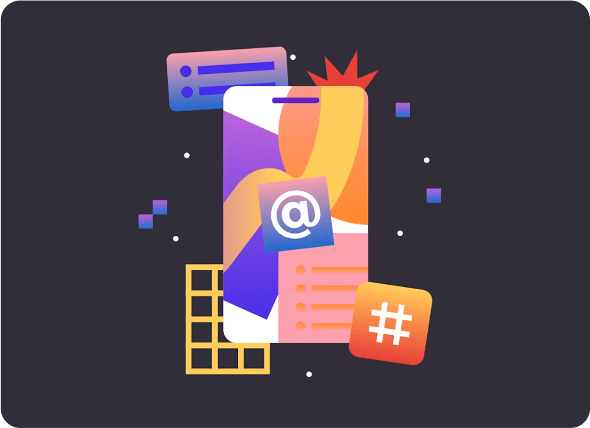 A colourful phone shaped object with an @ symbol surrounded by squares and a hastag