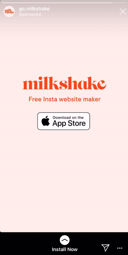 Milkshake's instagram story ad with strong CTA's