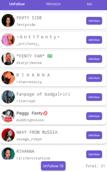 Unfollowers for Instagram, Lost app dashboard