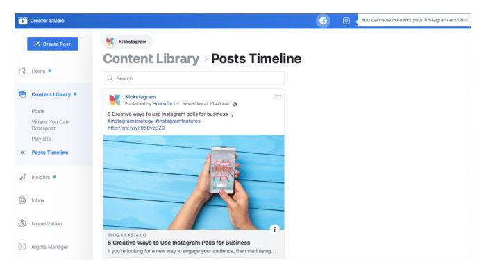 creater studio content library and post timeline
