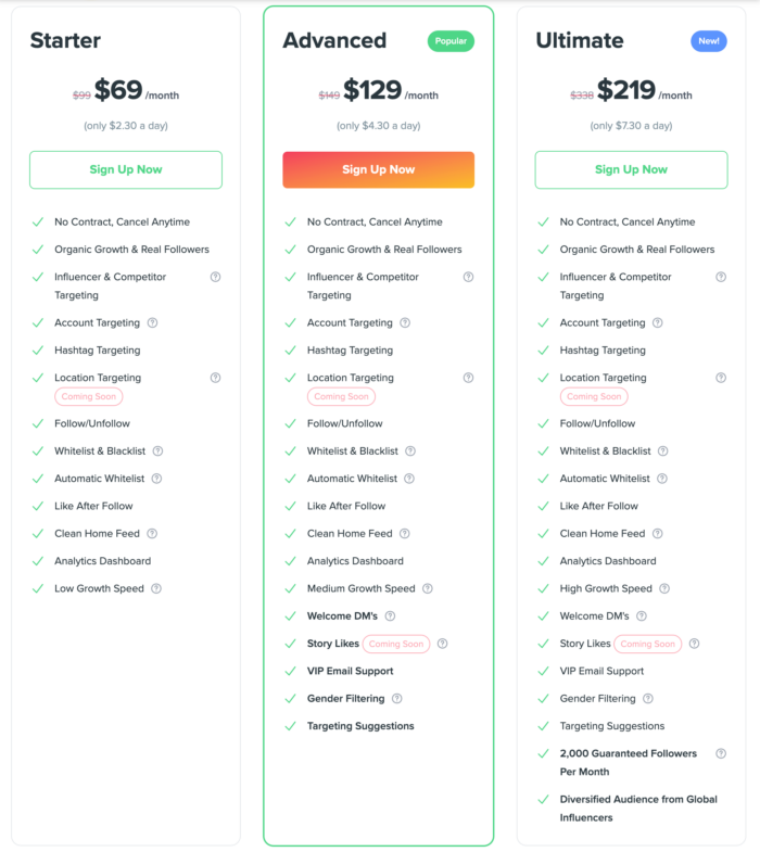 Kicksta pricing plans