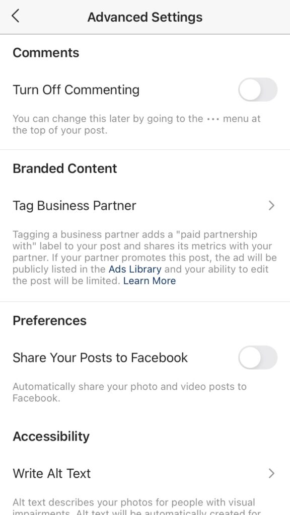 advanced Instagram settings for business