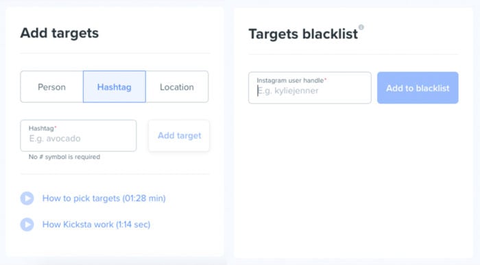 kicksta targets dashboard