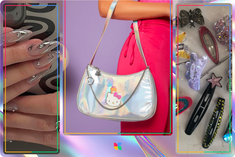 Cyber Y2k aesthetic details on Instagram: nails, bag, accessories. 