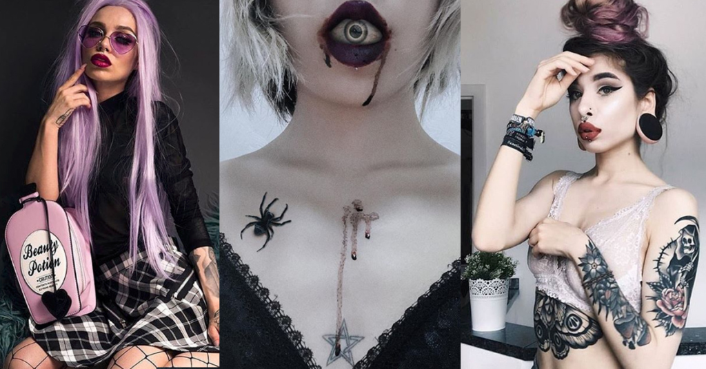 goth girl aesthetic, tattoos, ear holes.