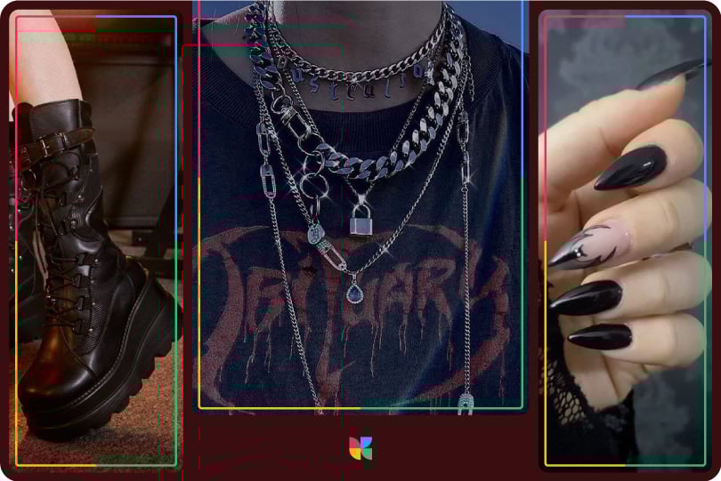 goth girl aesthetic style details: nails, accessories, shoes.