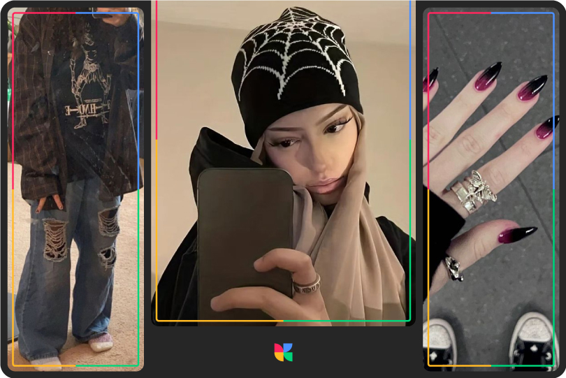 grunge girl aesthetic details like nails, accessories. 