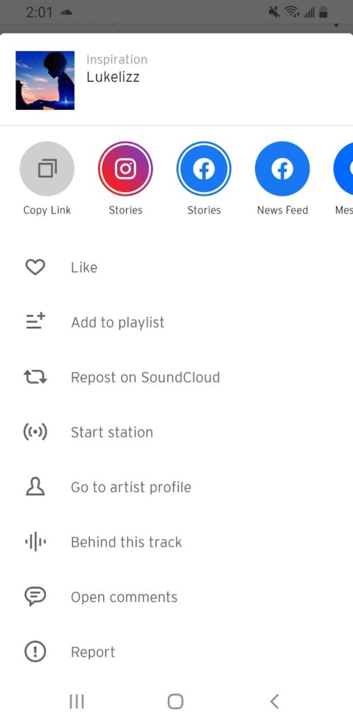 Screenshot of using SoundCloud to upload music onto an Instagram story