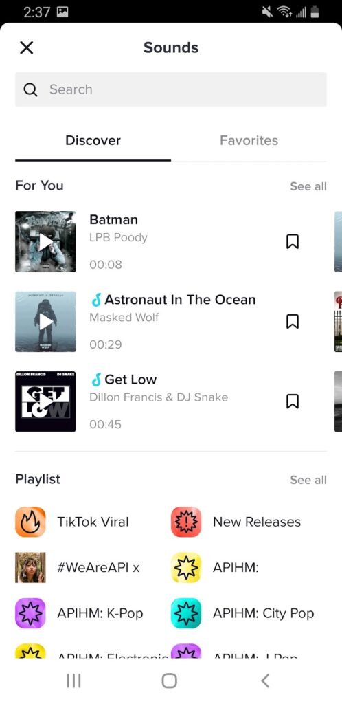Picture of searching songs in TikTok