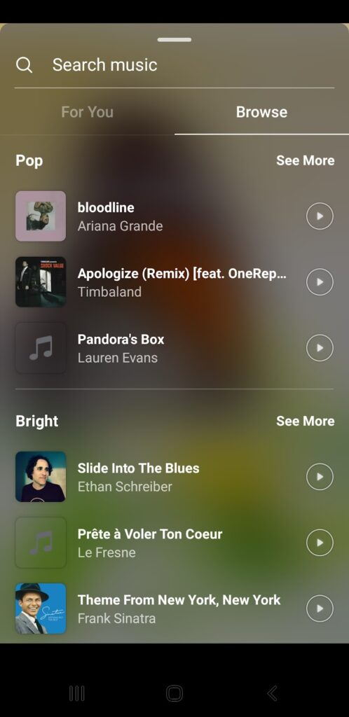 Screenshot of Instagram searching music library