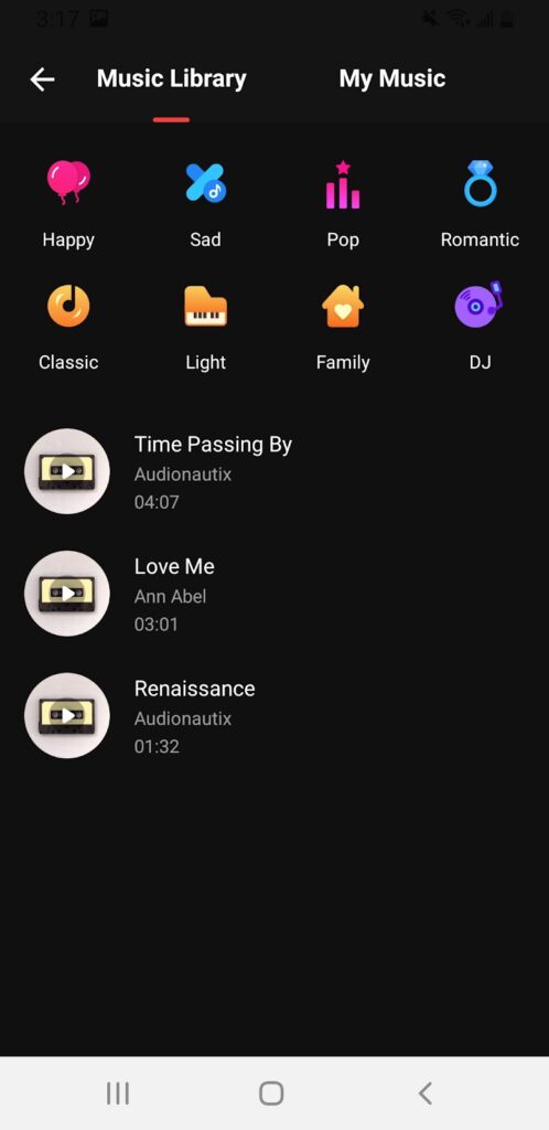 Screenshot of Tempo's music library