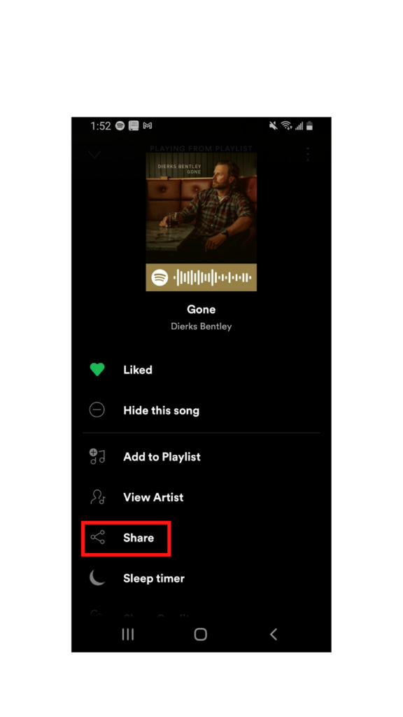 Screenshot about adding music from Spotify onto Instagram by selecting "share"