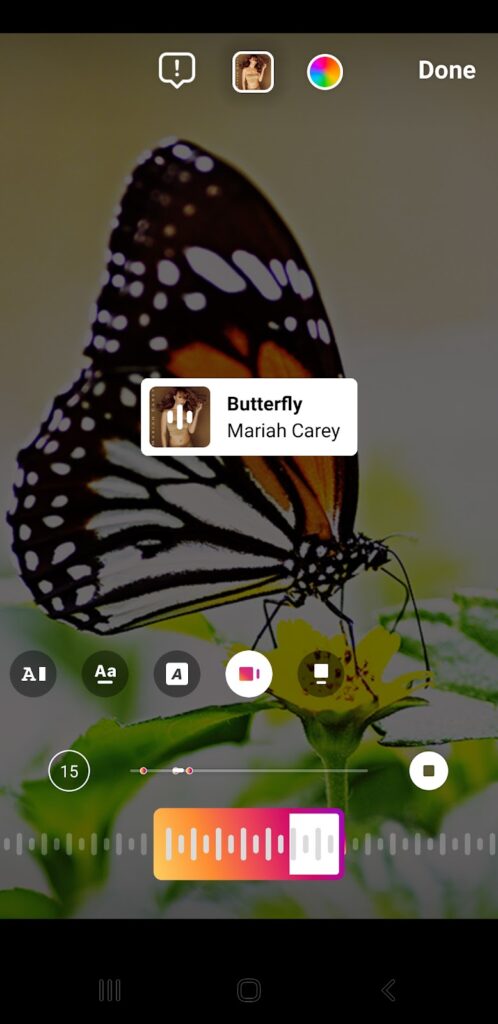 Screenshot on Instagram adding Mariah Carey song onto a story