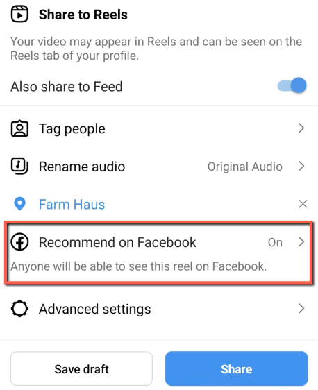 facebook share feature on instagram reels example