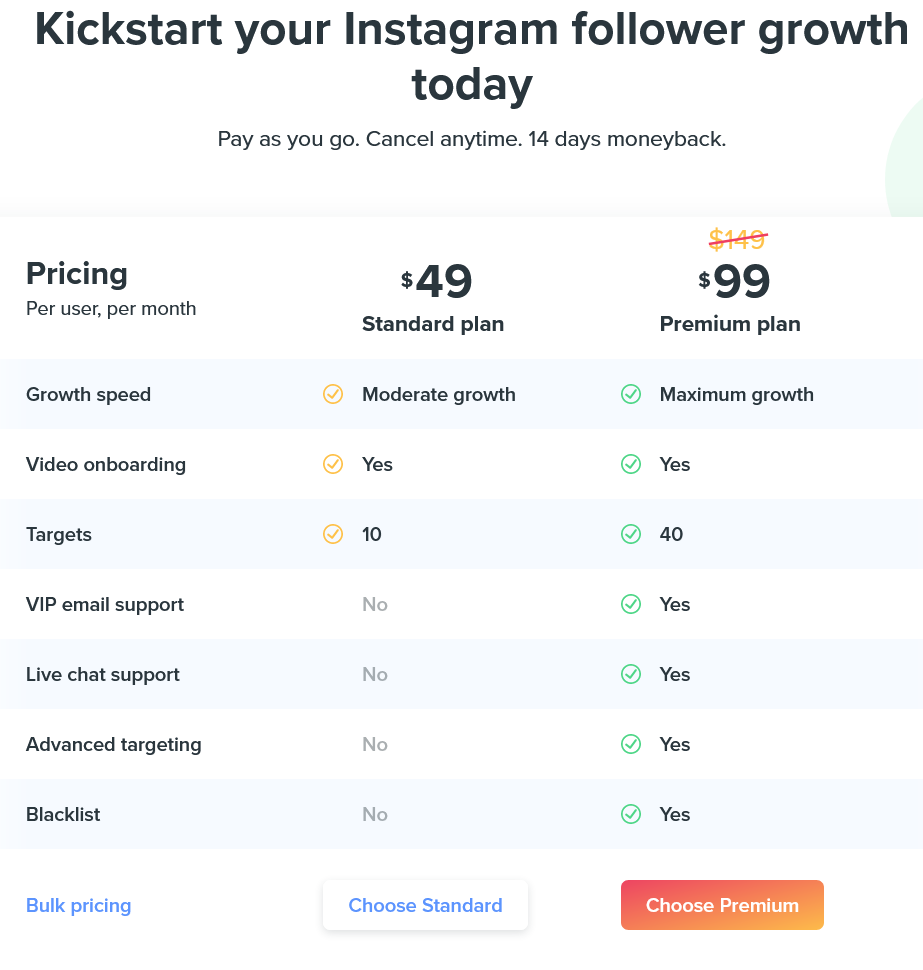 Kicksta photo of pricing plans