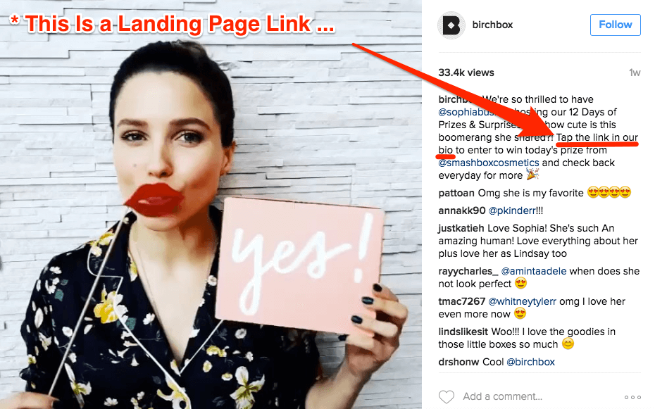 Instagram influencer post about landing page link