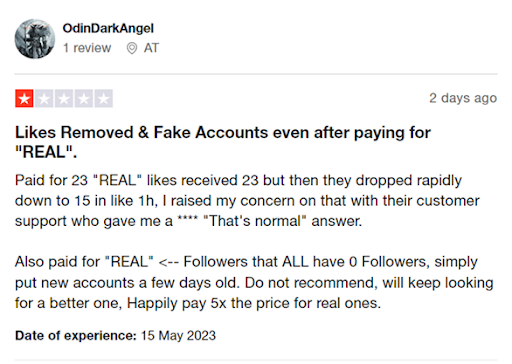 Instafollowers review on Trustpilot