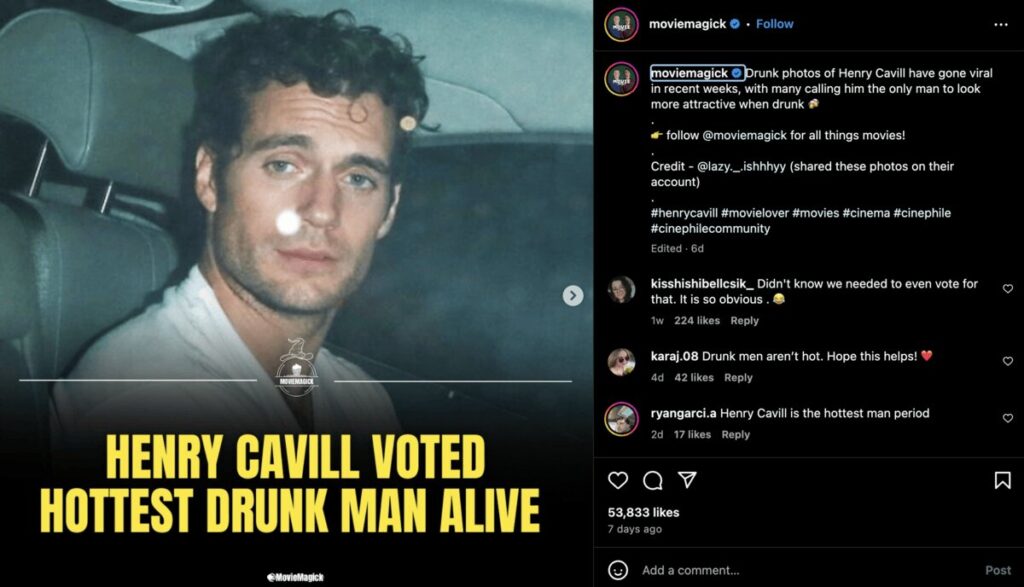 Instagram post about Henry Cavill with hashtag optimization