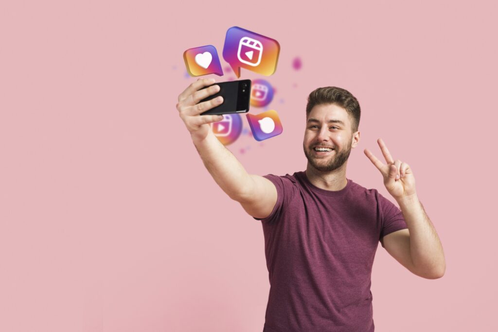 Young man using instagram live feature