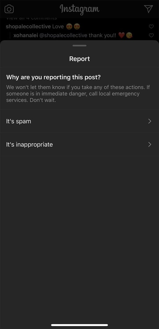 Reporting a post on instagram