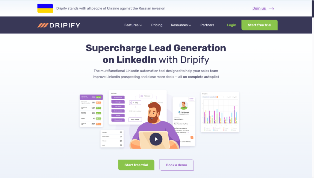 dripify lead generation on linkedin web page screenshot