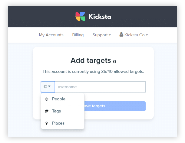 Kicksta on how to add targets