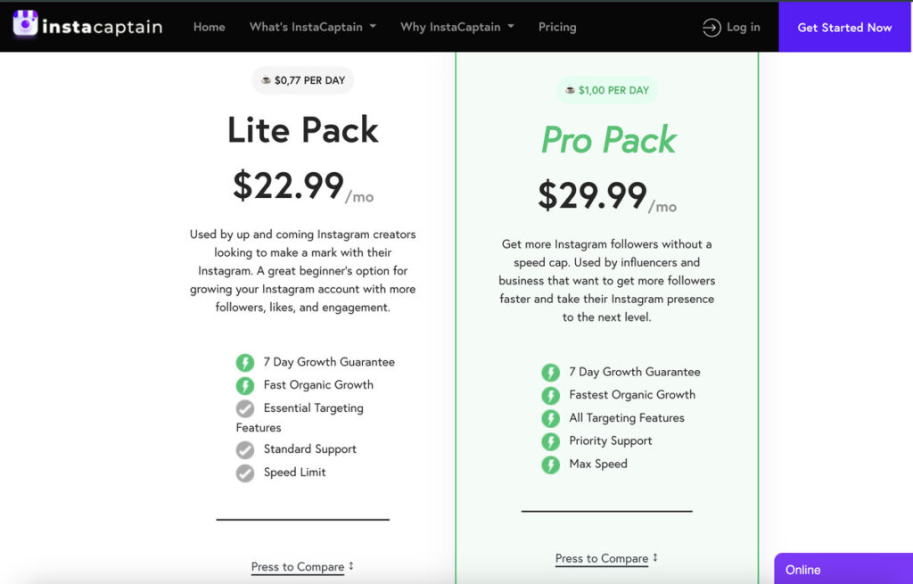 Instacaptain pricing plans