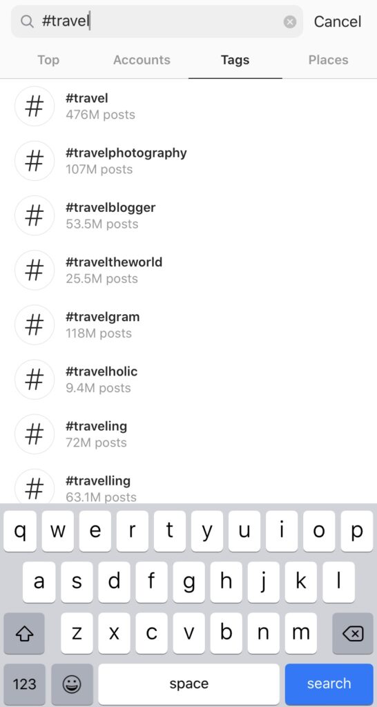 example of looking up hashtags for Instagram