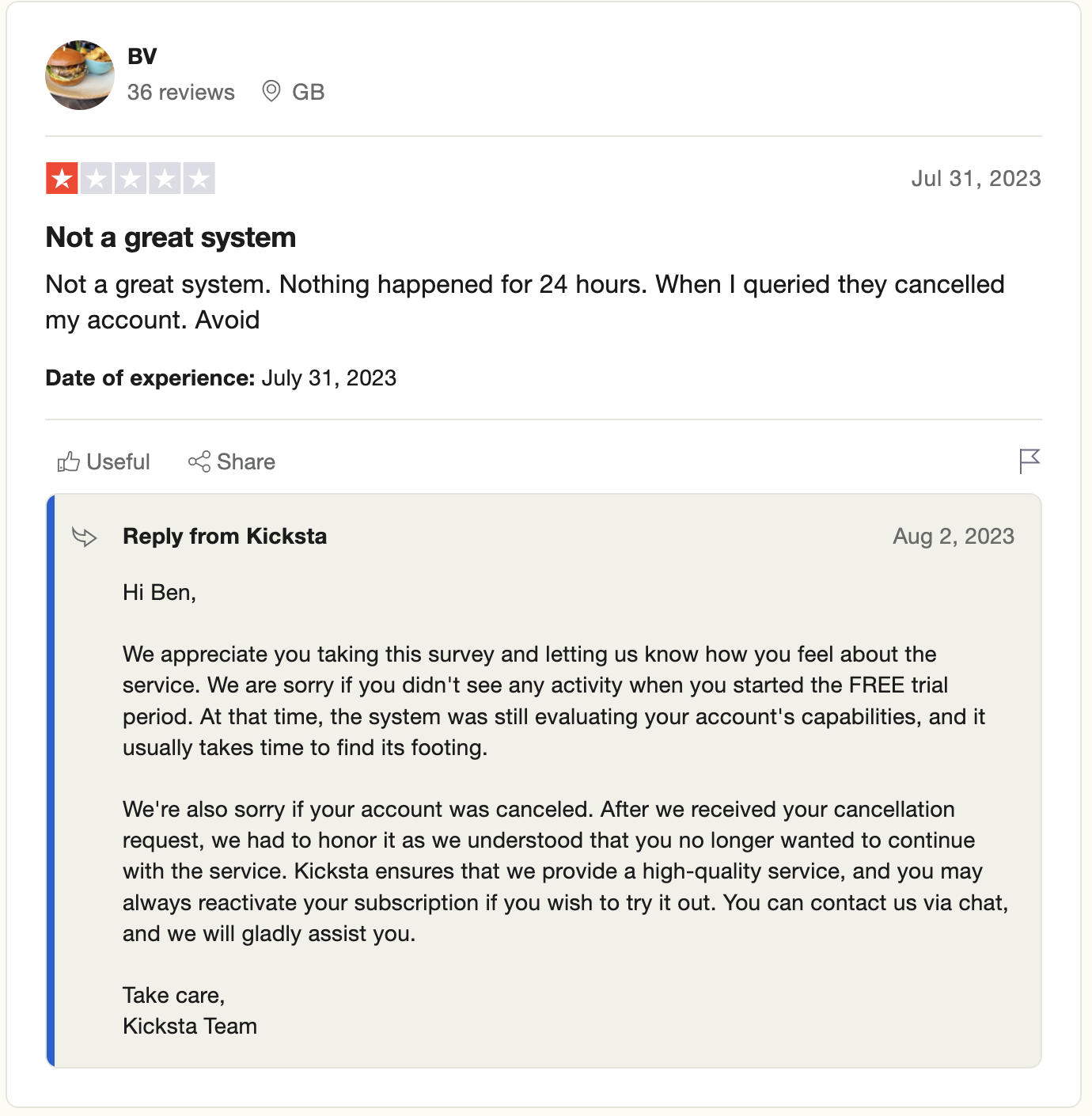 Kicksta review - BV screenshot