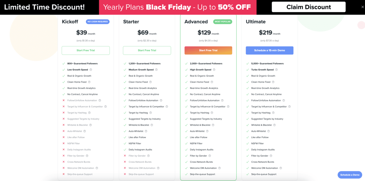 Kicksta instagram growth service pricing plans