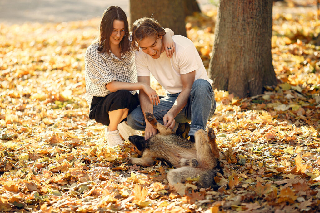 Woman and a Man playing with a dog