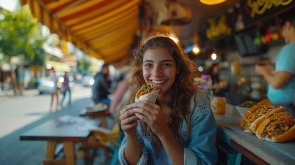 young woman enjoying local food