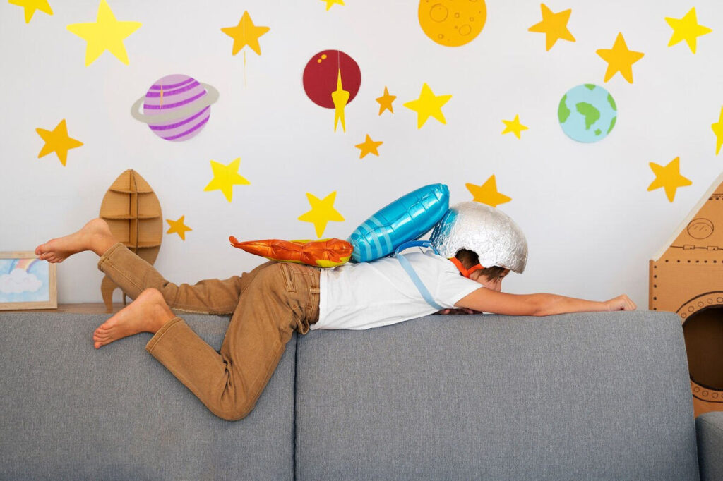 a kid having fun with childhood imagination