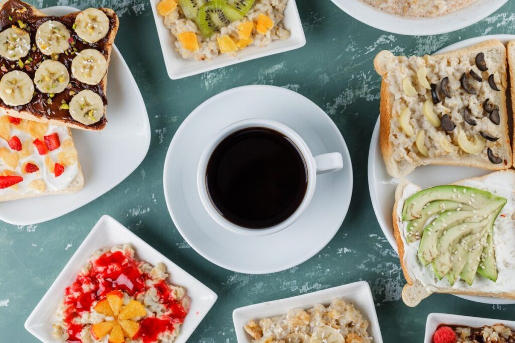 Brunch and Coffee stackted on the table
