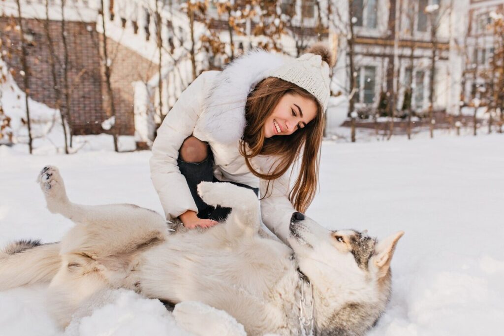 A woman playing with her dog in the snow during holiday