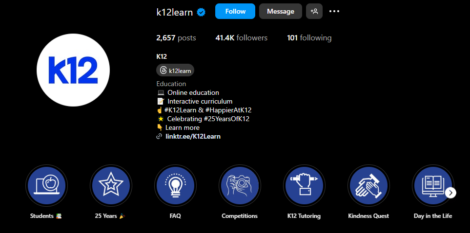 k12 Instagram highlight covers example