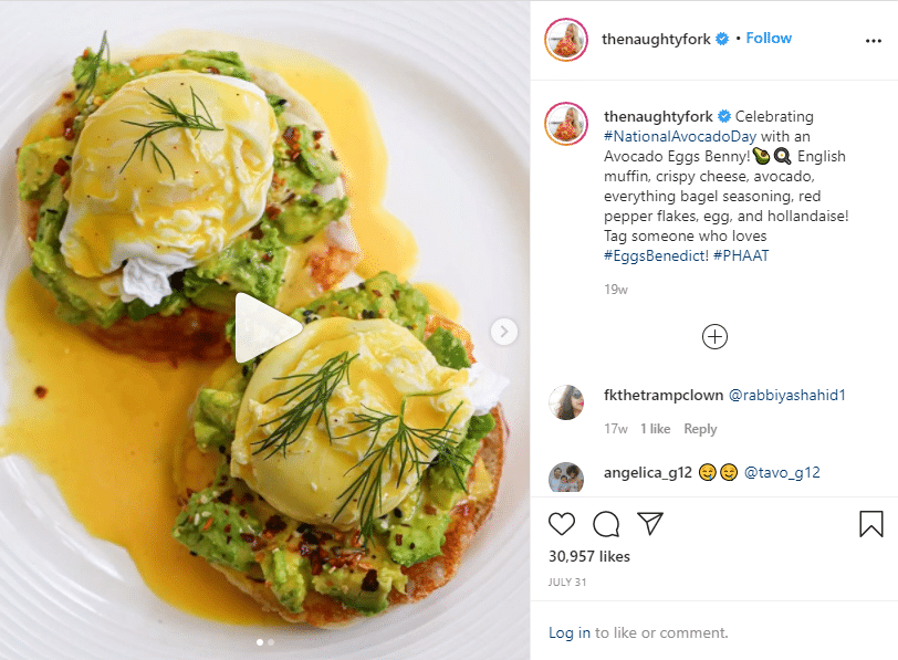 Sam Schnur food instagram post about delicious meal