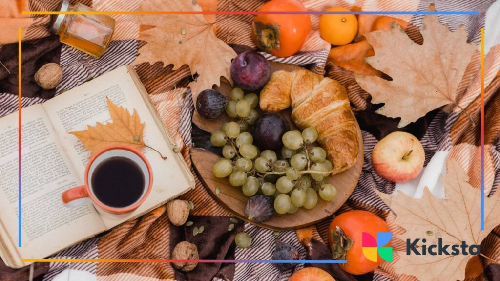 Fall picnic with fruits, croissant, and coffee