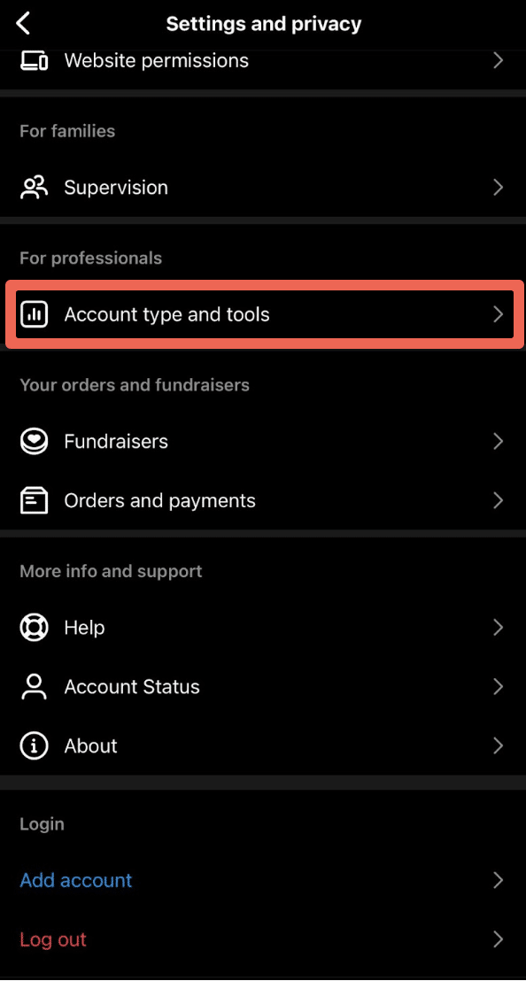 account type and tools settings