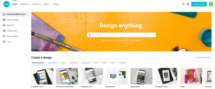 canva website dashboard