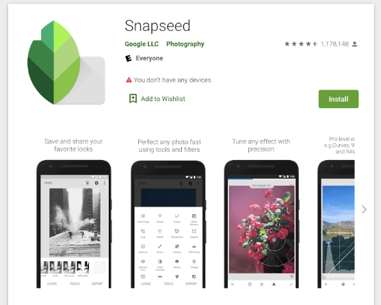 Snapseed app image download page