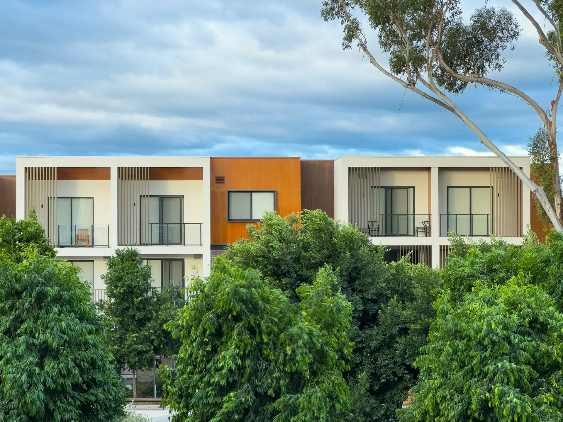 Low-rise apartment block surrounded by trees and a gum tree
