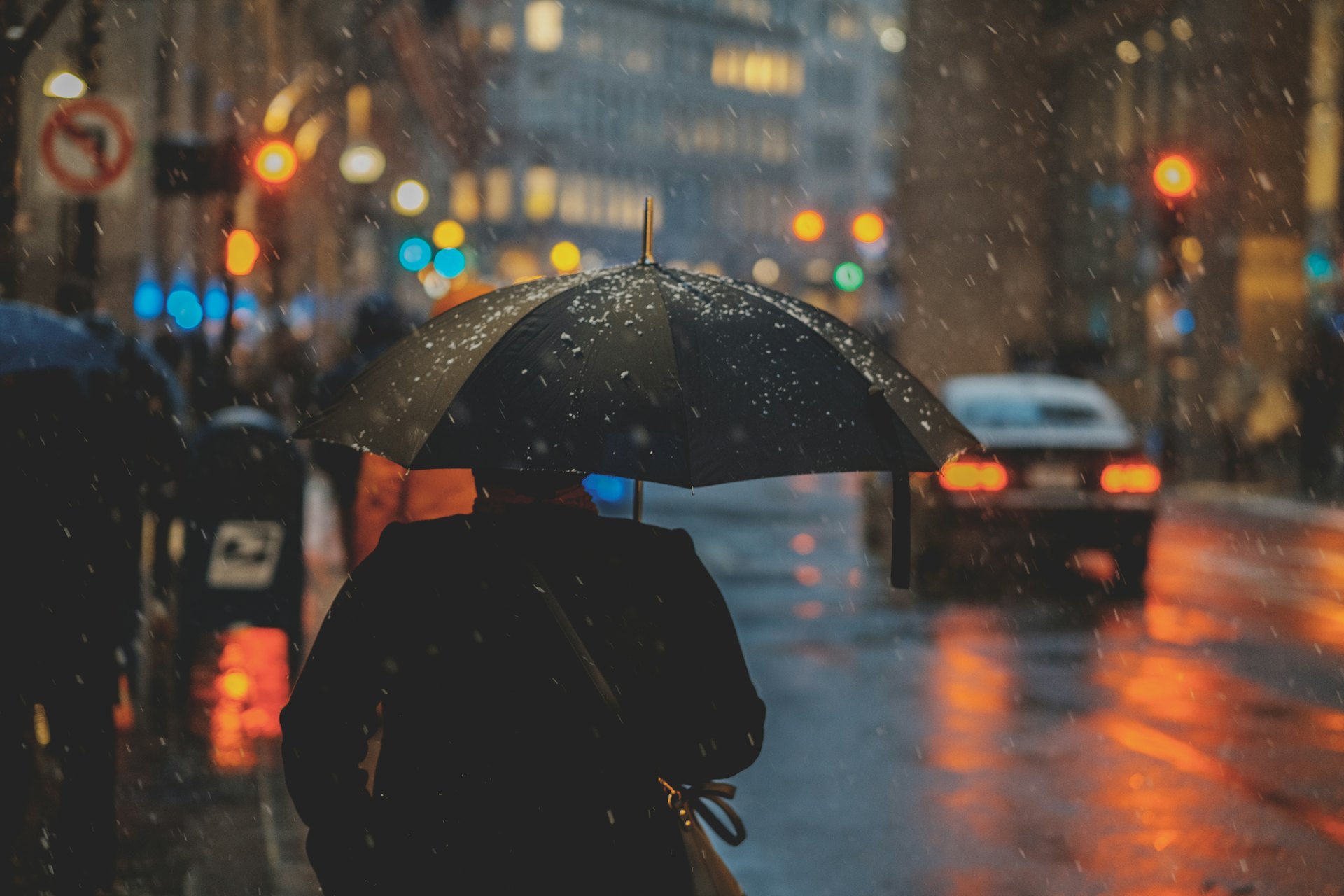 A person with an umbrella on a rainy city street